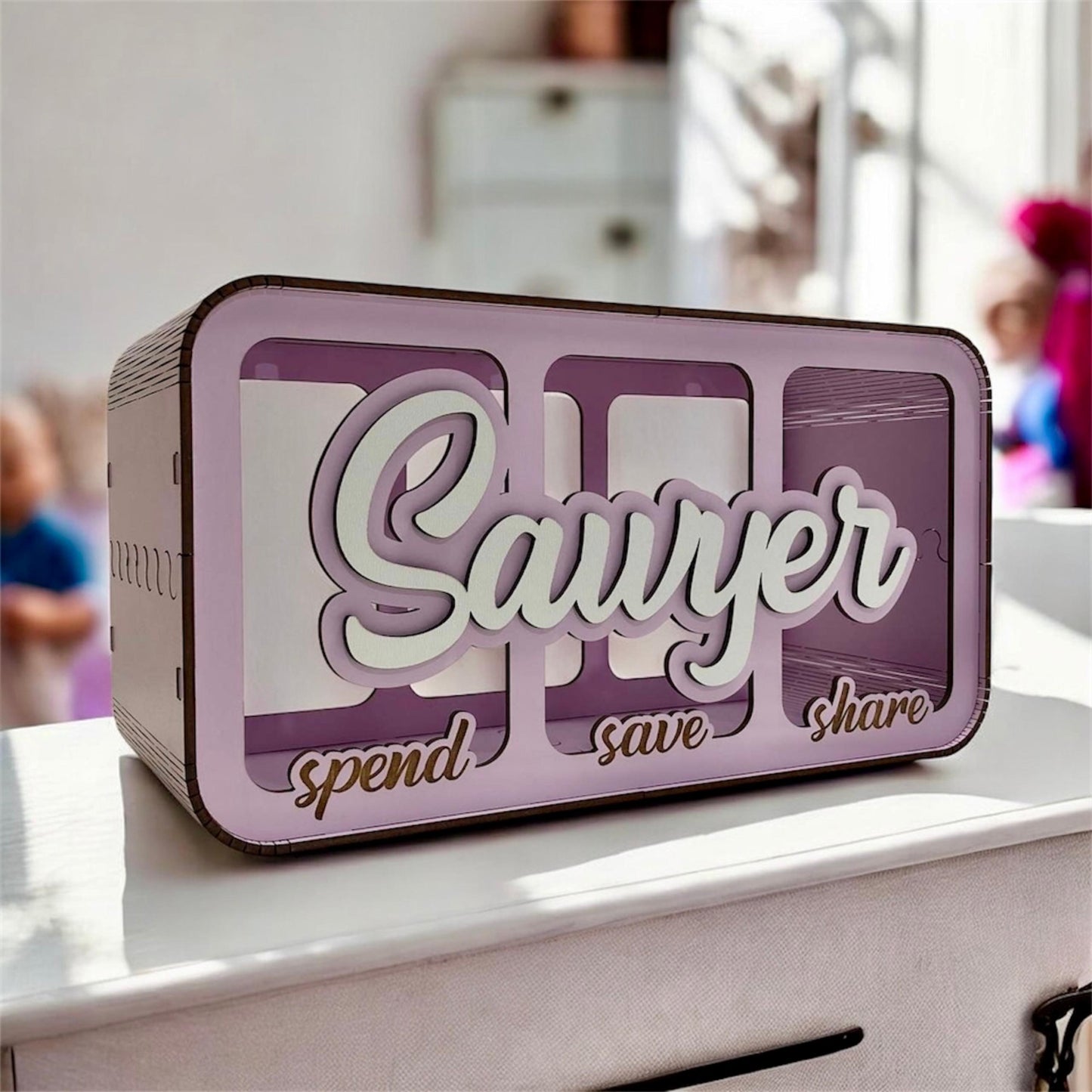Three-Part Money Box | Custom Kids Money Organizer | Wooden Triple Slot Bank  | Kids Split Savings Bank