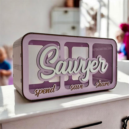 Three-Part Money Box | Custom Kids Money Organizer | Wooden Triple Slot Bank  | Kids Split Savings Bank