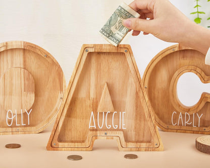 Personalized Letter Piggy Bank: Wooden Initial Coin Bank, Kids Keepsake,Wood Gift For Kids, Wood Alphabet Letter Bank Money Box Birthday