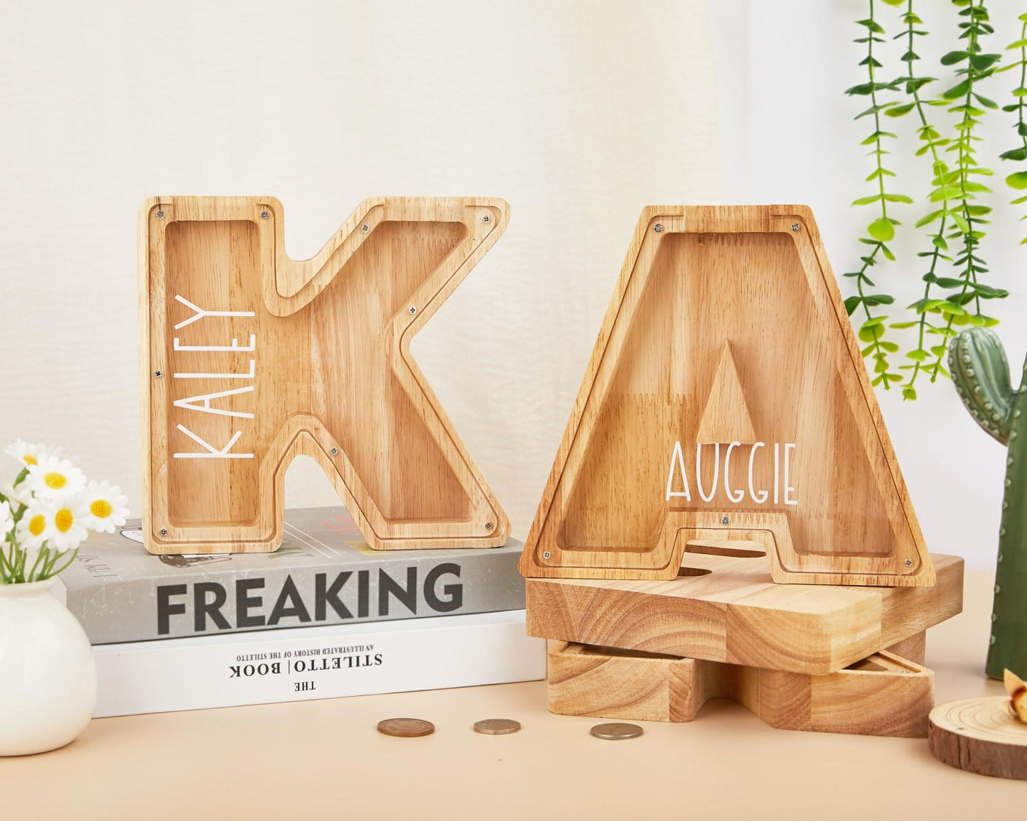 Name Letter Piggy Bank,Personalized Piggy Bank,Christmas Gifts For Kids,Wooden Nursery Decor,Baby Shower Name & Text Coin Bank for Kids