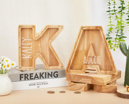 Name Letter Piggy Bank,Personalized Piggy Bank,Christmas Gifts For Kids,Wooden Nursery Decor,Baby Shower Name & Text Coin Bank for Kids