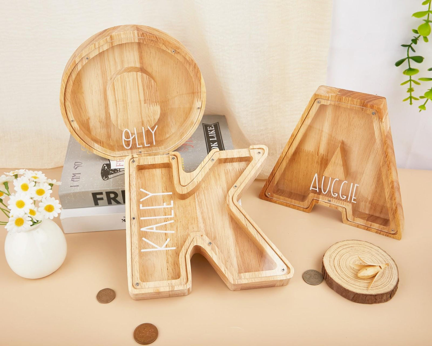 Name Letter Piggy Bank,Personalized Piggy Bank,Christmas Gifts For Kids,Wooden Nursery Decor,Baby Shower Name & Text Coin Bank for Kids