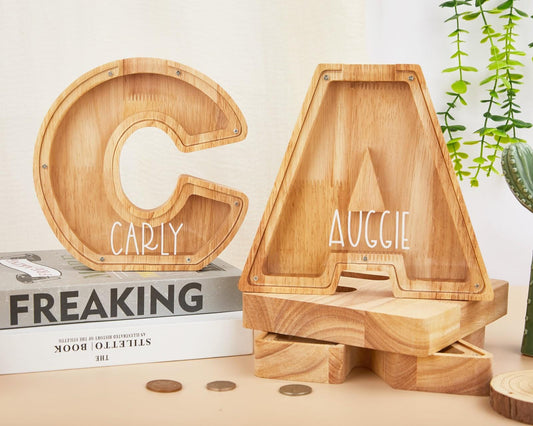 Personalized Wooden Initial Piggy Bank: Custom Name Coin Bank,Wood Alphabet Letter Bank Money Box Birthday,Wood Gift For Kids