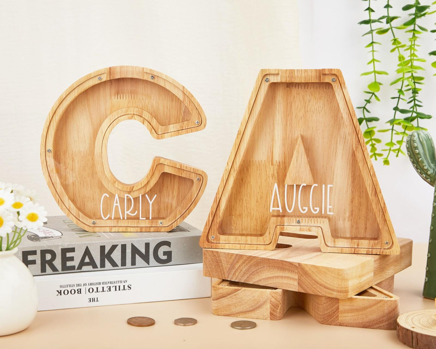 Personalized Wooden Initial Piggy Bank: Custom Name Coin Bank,Wood Alphabet Letter Bank Money Box Birthday,Wood Gift For Kids