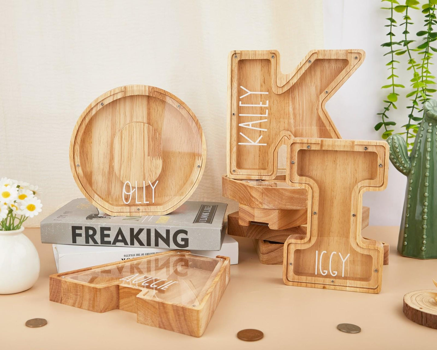 Personalized Wooden Initial Piggy Bank: Custom Name Coin Bank,Wood Alphabet Letter Bank Money Box Birthday,Wood Gift For Kids
