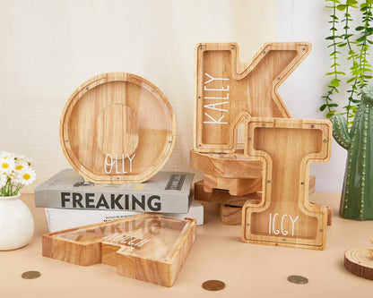 Personalized Wooden Initial Piggy Bank: Custom Name Coin Bank,Wood Alphabet Letter Bank Money Box Birthday,Wood Gift For Kids