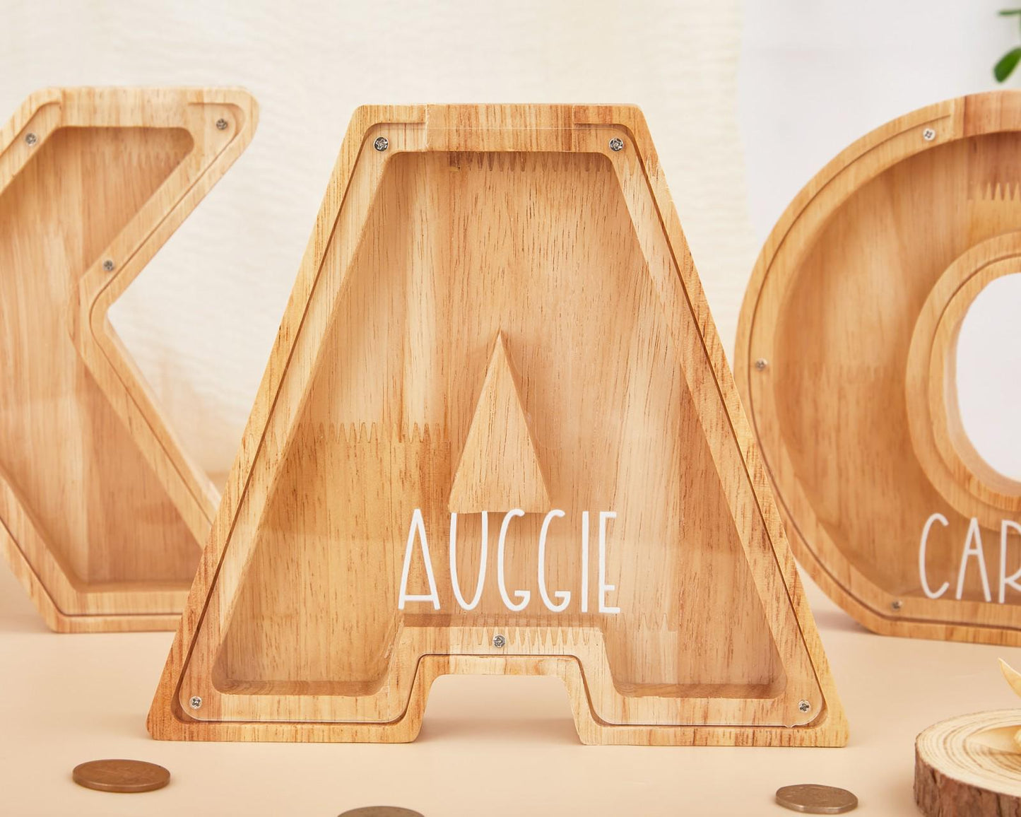 Personalized Wooden Initial Piggy Bank: Custom Name Coin Bank,Wood Alphabet Letter Bank Money Box Birthday,Wood Gift For Kids