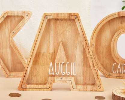Personalized Wooden Initial Piggy Bank: Custom Name Coin Bank,Wood Alphabet Letter Bank Money Box Birthday,Wood Gift For Kids