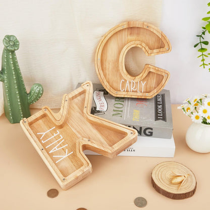 Personalized Wooden Initial Piggy Bank: Custom Name Coin Bank,Wood Alphabet Letter Bank Money Box Birthday,Wood Gift For Kids