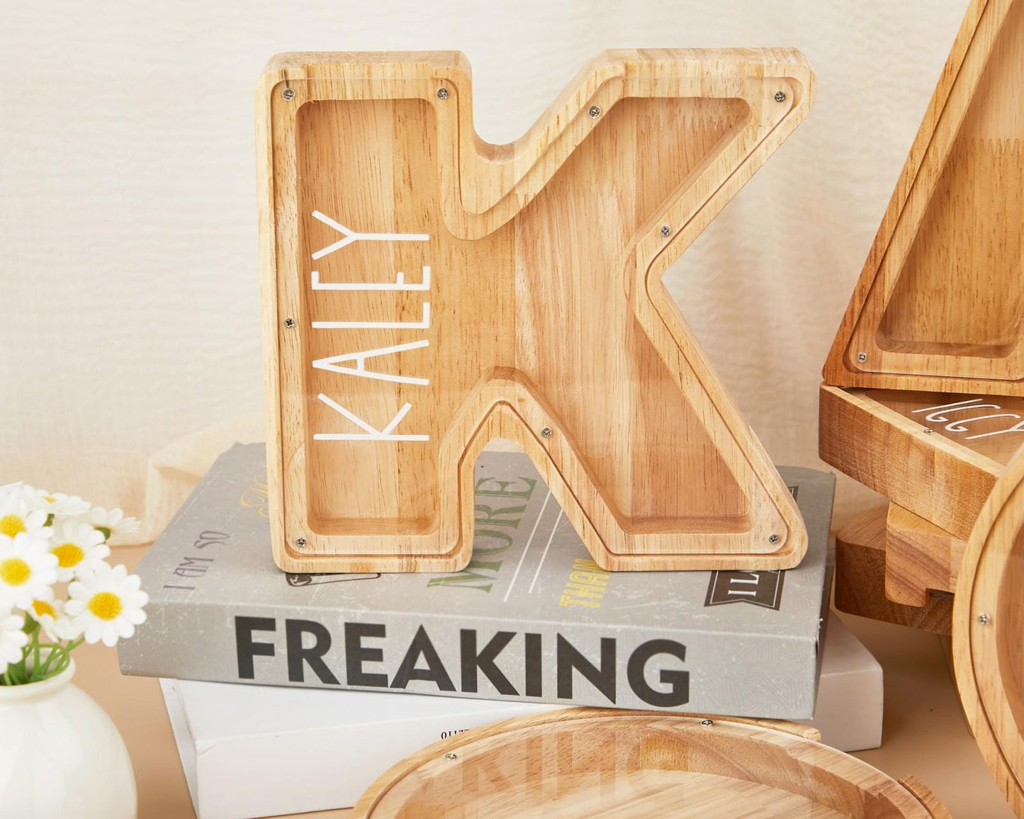 Personalized Wooden Initial Piggy Bank: Custom Name Coin Bank,Wood Alphabet Letter Bank Money Box Birthday,Wood Gift For Kids