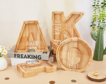 Personalized Wooden Initial Piggy Bank: Custom Name Coin Bank,Wood Alphabet Letter Bank Money Box Birthday,Wood Gift For Kids