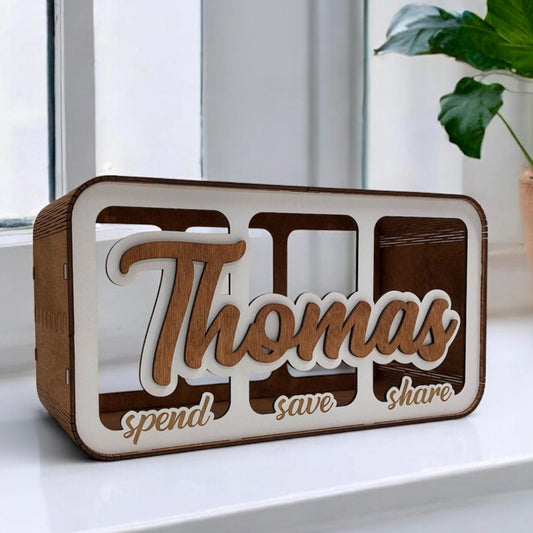 Save Spend Share Bank • Personalized Wooden Piggy Bank • Kids Gift