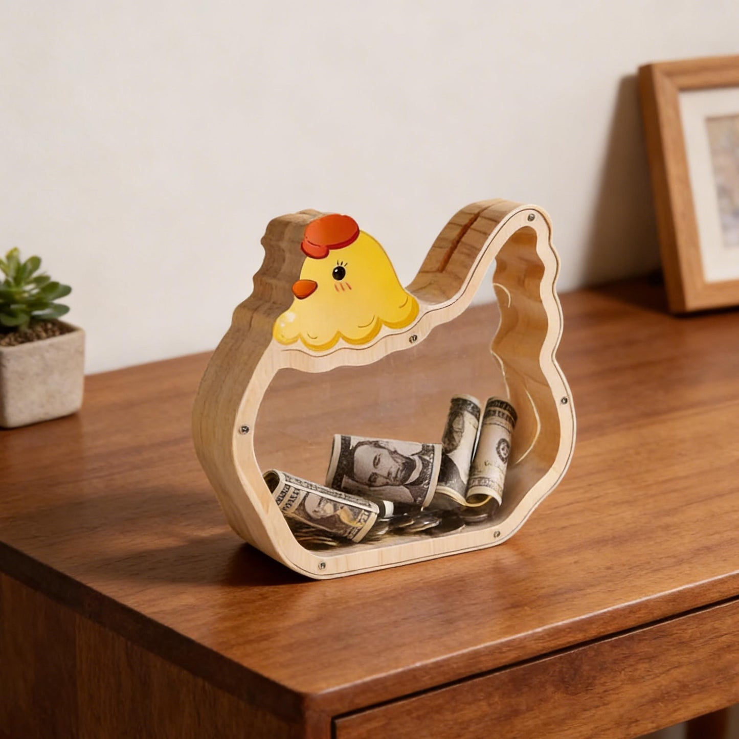 Handmade Wooden Chicken Piggy Bank, Kids Coin Box