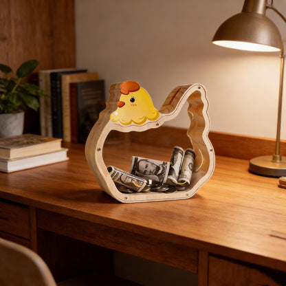 Handmade Wooden Chicken Piggy Bank, Kids Coin Box
