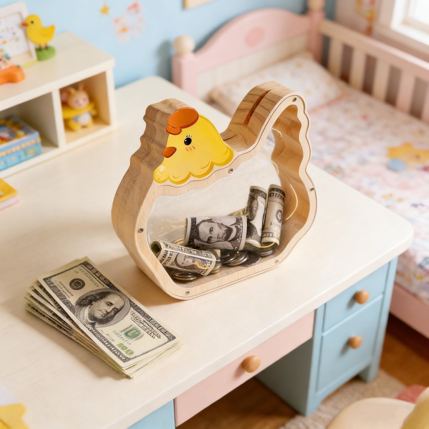 Handmade Wooden Chicken Piggy Bank, Kids Coin Box