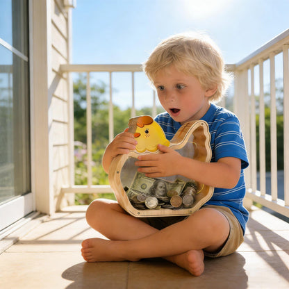 Handmade Wooden Chicken Piggy Bank, Kids Coin Box
