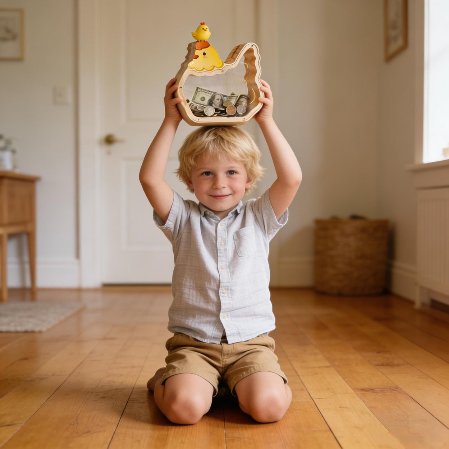 Handmade Wooden Chicken Piggy Bank, Kids Coin Box