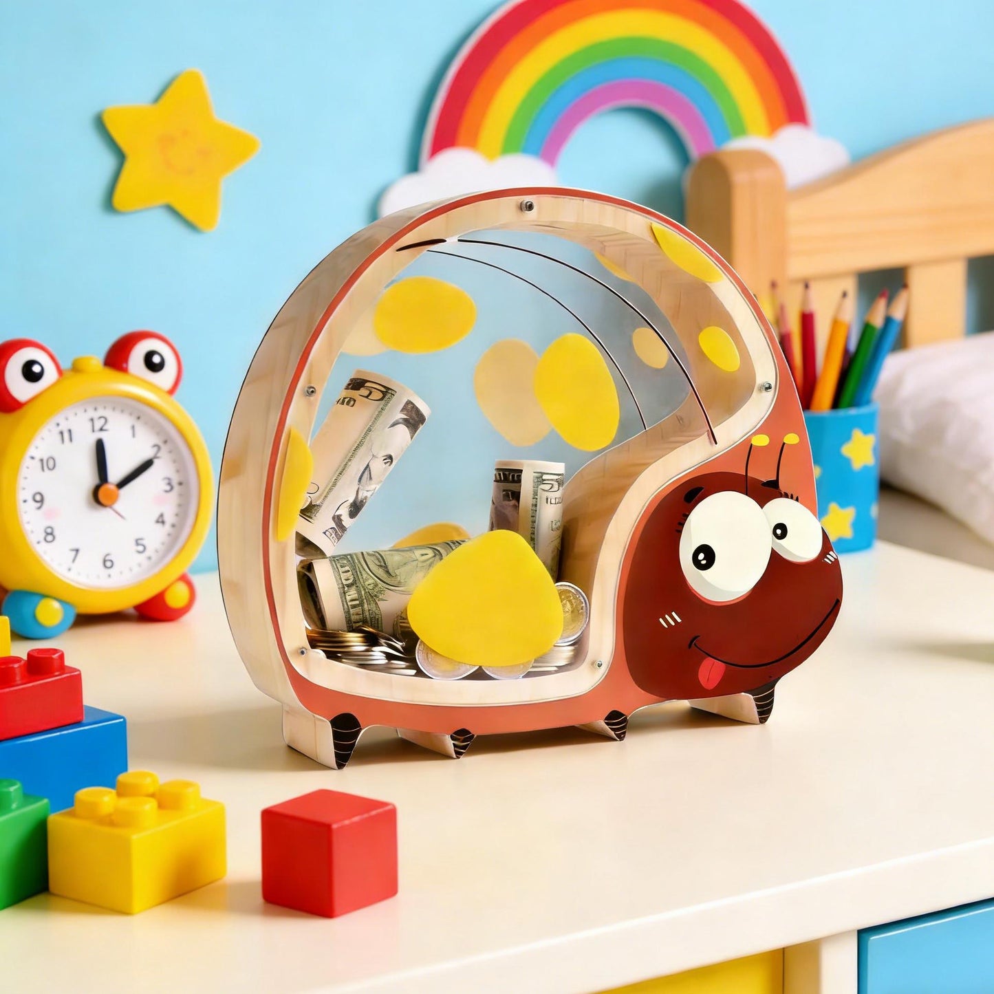A Child's First Piggy Bank, Lucky Ladybug Wooden Money Box - Handmade Coin Bank for Kids, Whimsical Savings Gift for Boys & Girls