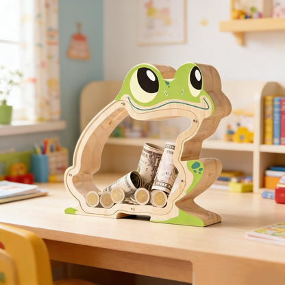 A Child‘s First Piggy Bank, Wooden Frog Money Box - Handmade Jump Into Savings, Fun & Whimsical Coin Bank Gift for Boys and Girls