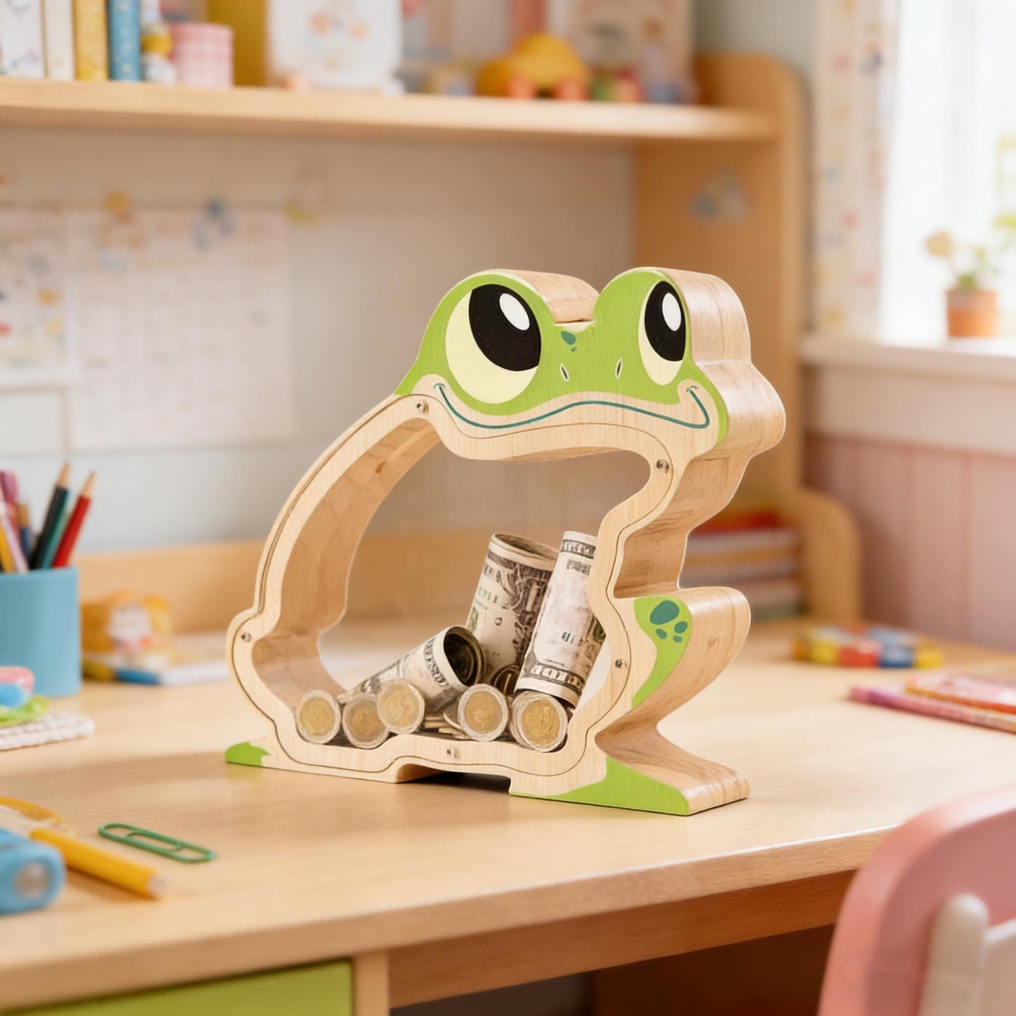 A Child‘s First Piggy Bank, Wooden Frog Money Box - Handmade Jump Into Savings, Fun & Whimsical Coin Bank Gift for Boys and Girls