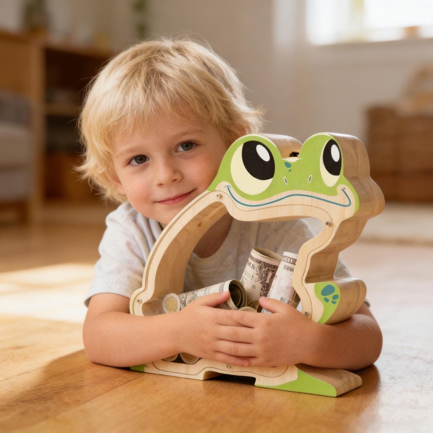 A Child‘s First Piggy Bank, Wooden Frog Money Box - Handmade Jump Into Savings, Fun & Whimsical Coin Bank Gift for Boys and Girls