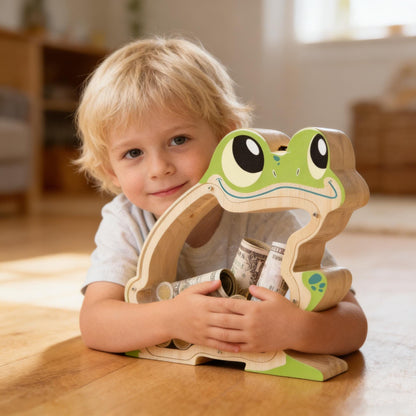 A Child‘s First Piggy Bank, Wooden Frog Money Box - Handmade Jump Into Savings, Fun & Whimsical Coin Bank Gift for Boys and Girls
