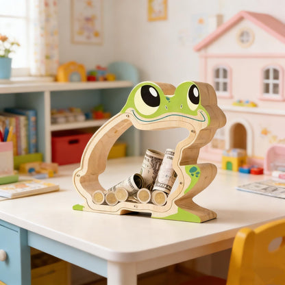 A Child‘s First Piggy Bank, Wooden Frog Money Box - Handmade Jump Into Savings, Fun & Whimsical Coin Bank Gift for Boys and Girls