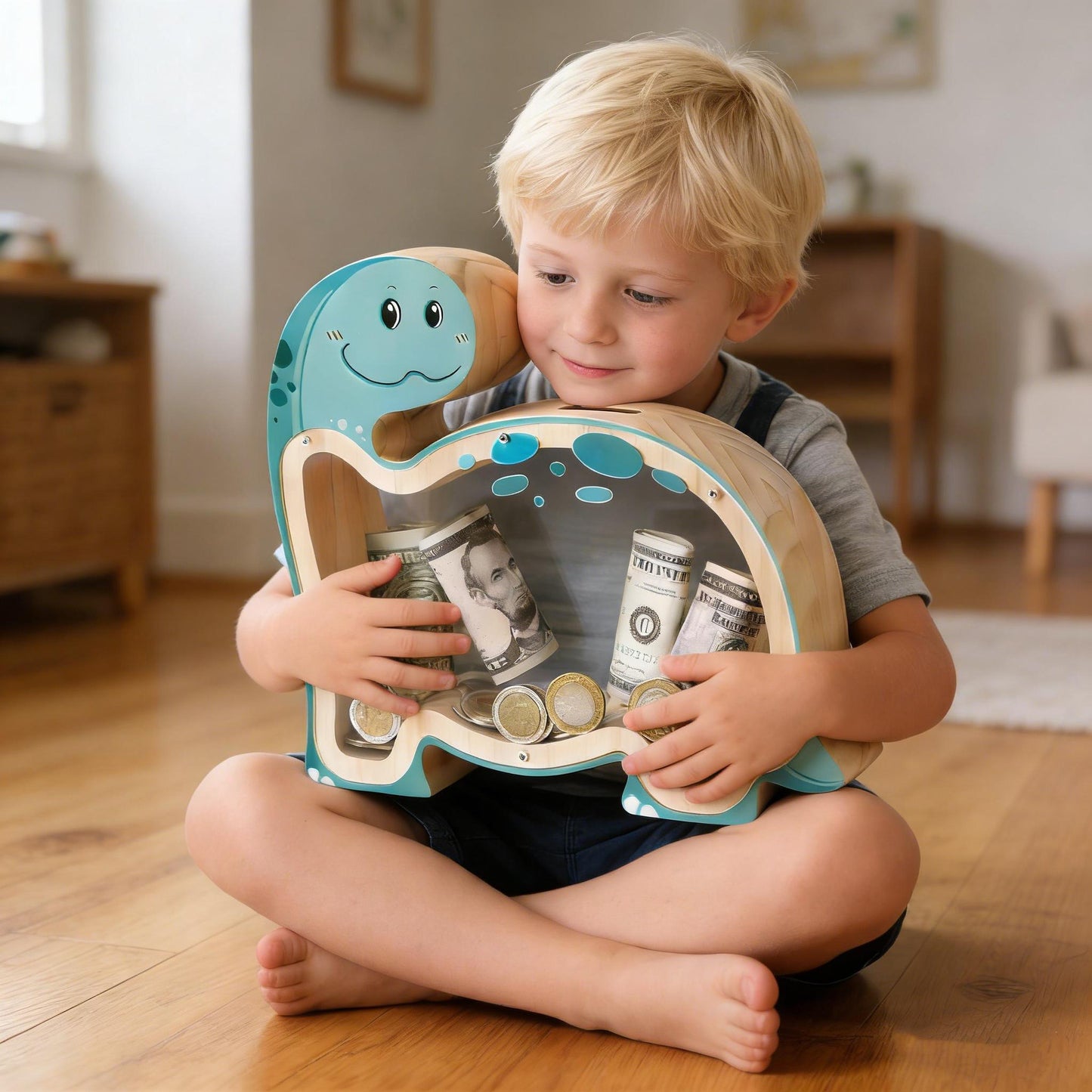 Dinosaur Wooden Piggy Bank, A Prehistoric Savings Adventure - Handmade First Money Box for Kids, Unique Dino Gift for Boys & Girls