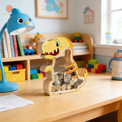 A Child's First Piggy Bank, Handmade Wooden Dinosaur Money Box - Fiercely Friendly Coin Bank, Unique Keepsake Gift for Kids