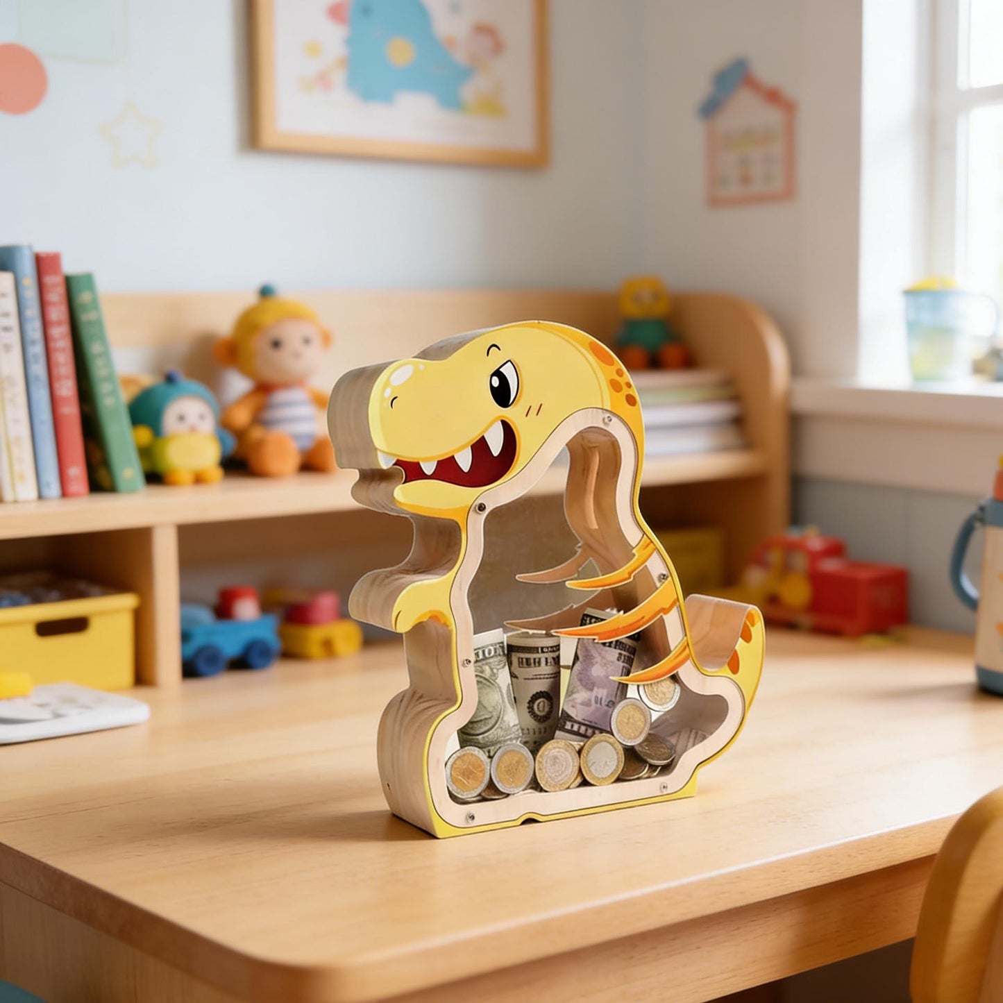 A Child's First Piggy Bank, Handmade Wooden Dinosaur Money Box - Fiercely Friendly Coin Bank, Unique Keepsake Gift for Kids