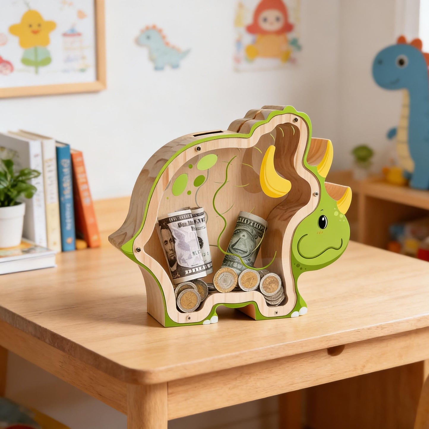Handmade Triceratops Wooden Piggy Bank, Dinosaur Money Box