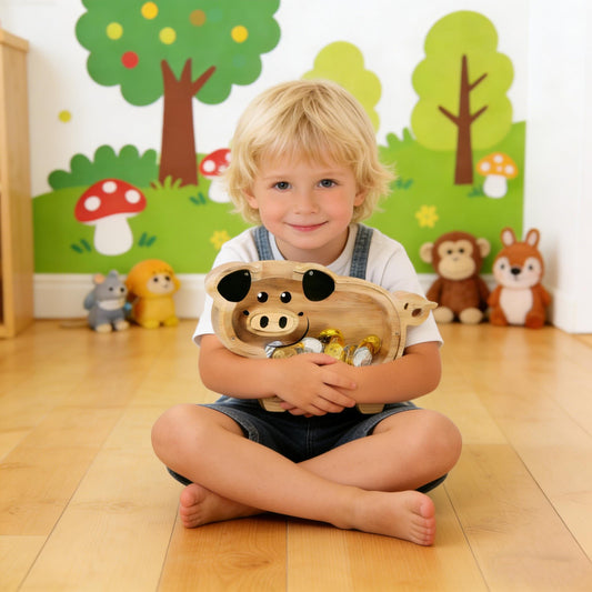 A Child's First Piggy Bank, Handmade Wooden Pig Money Box - Classic Coin Bank for Kids, Unique Savings Adventure Gift for Boys & Girls