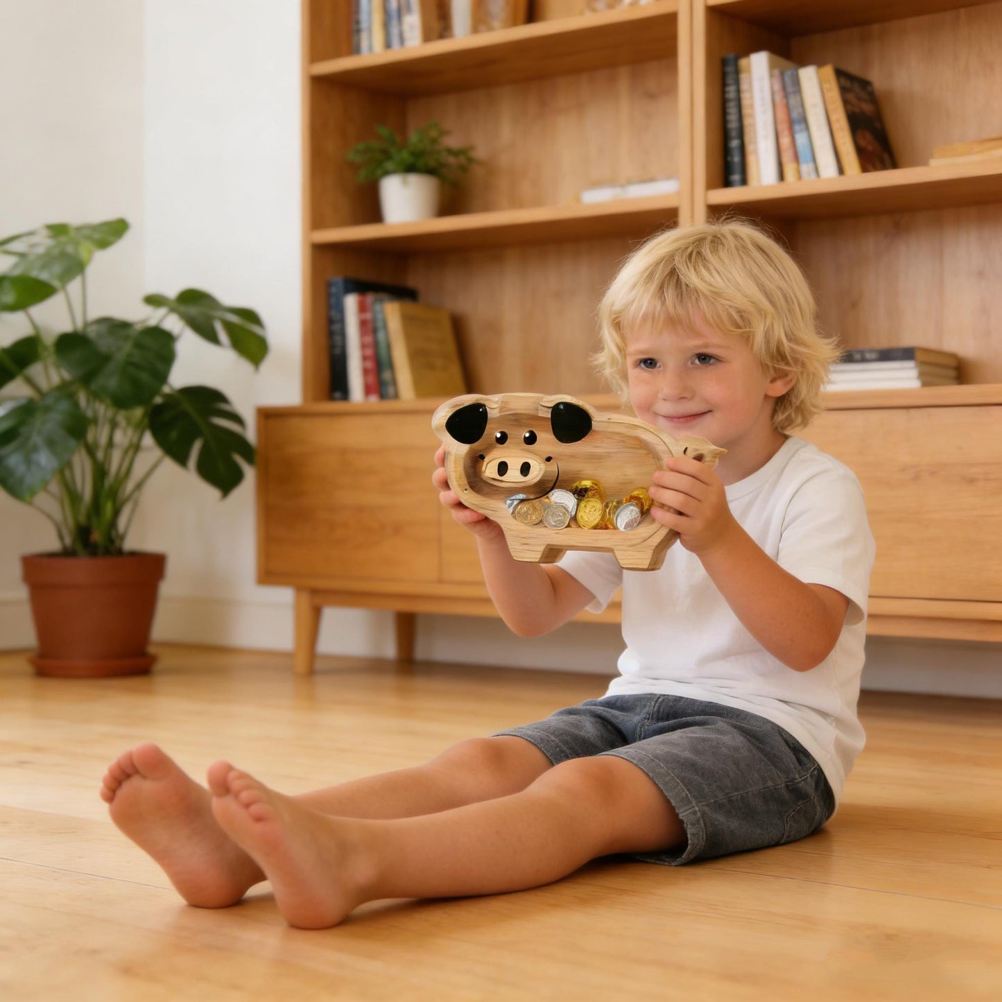 A Child's First Piggy Bank, Handmade Wooden Pig Money Box - Classic Coin Bank for Kids, Unique Savings Adventure Gift for Boys & Girls
