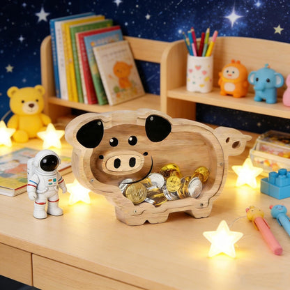 A Child's First Piggy Bank, Handmade Wooden Pig Money Box - Classic Coin Bank for Kids, Unique Savings Adventure Gift for Boys & Girls