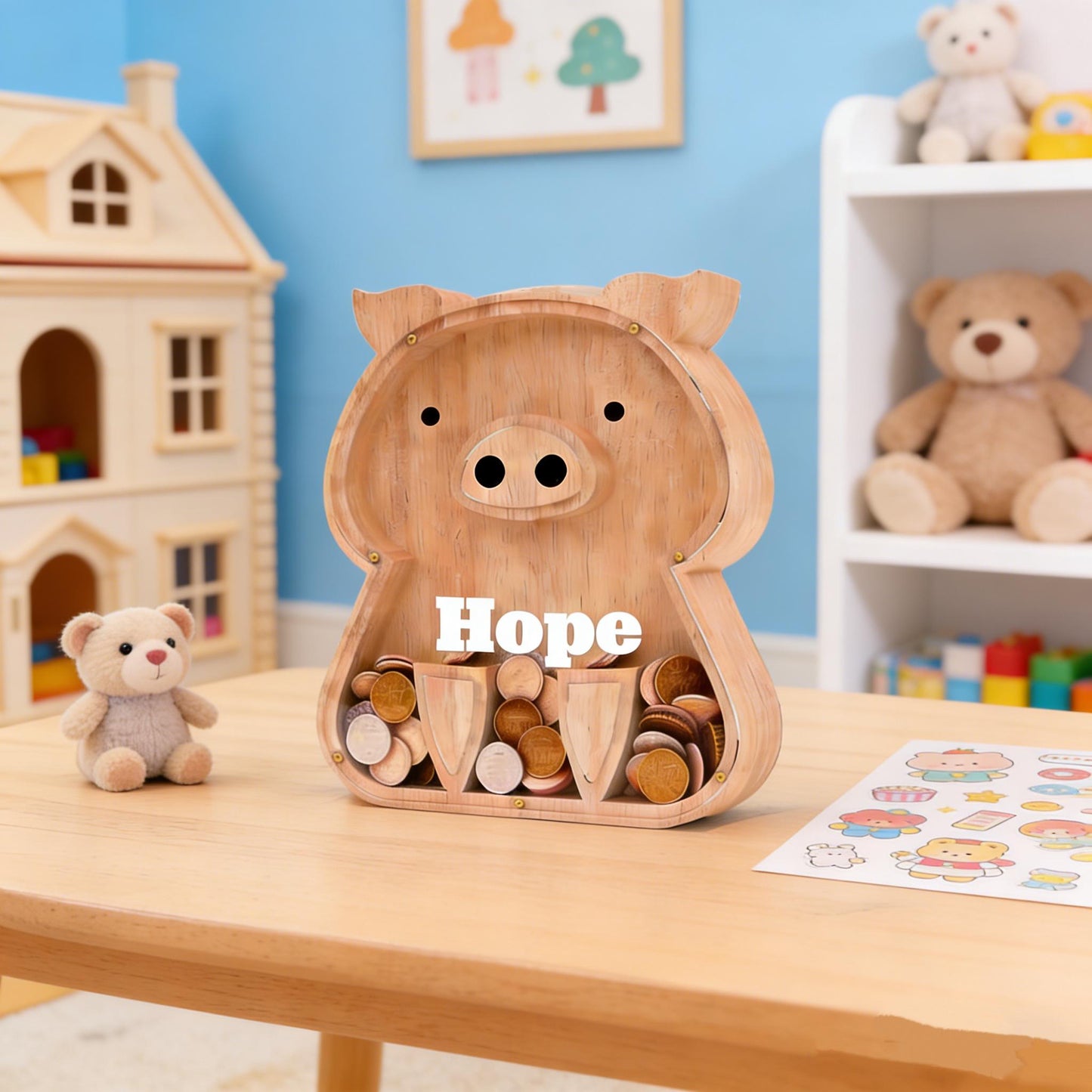 Custom Kids Gift,Personalized Wood Pig Bank with Engraved Name - First Piggy Bank & Heirloom Keepsake, Handmade Money Box for Boys and Girls