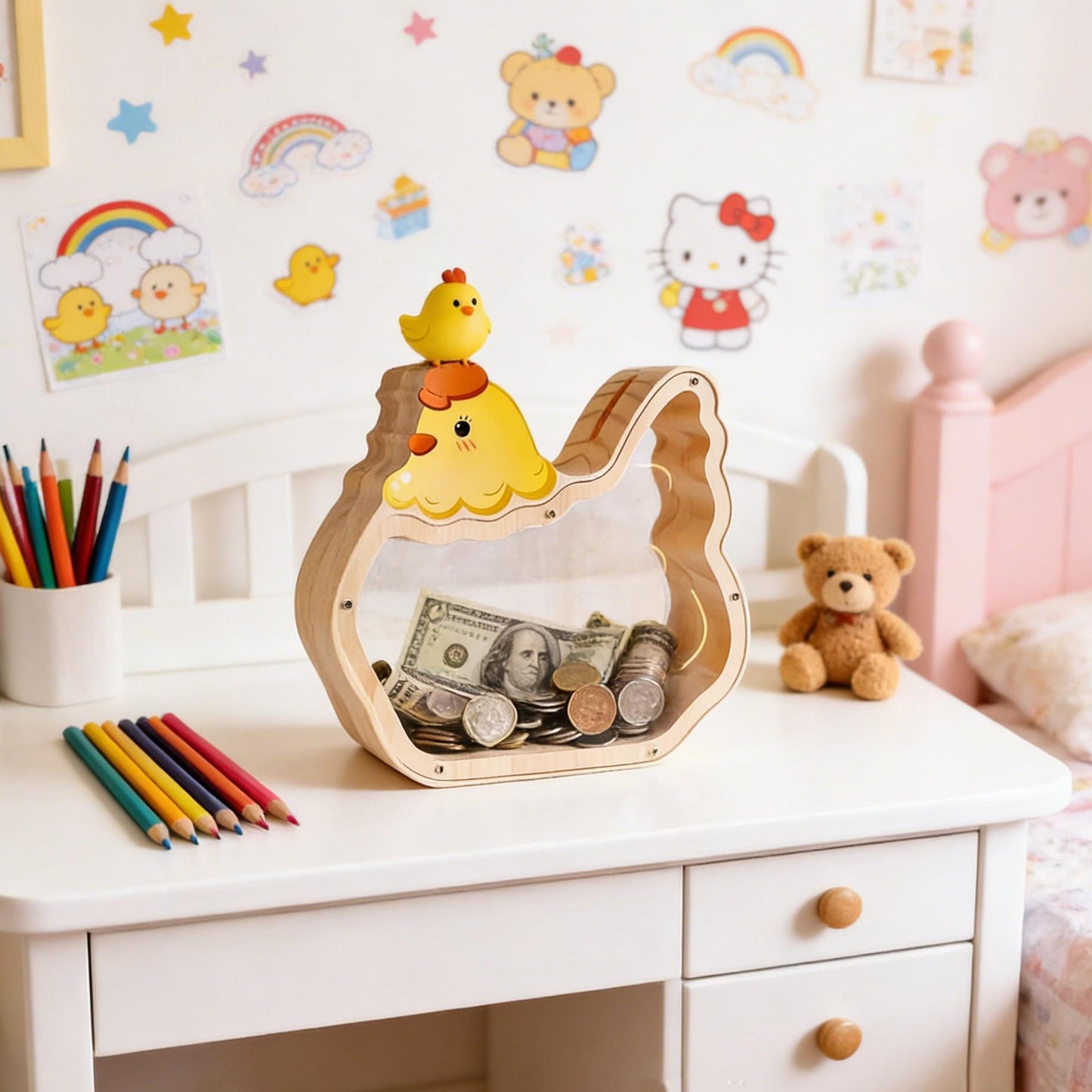 Handmade Wooden Chicken Piggy Bank, Kids Coin Box