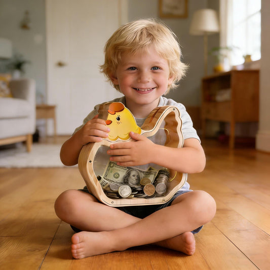 Handmade Wooden Chicken Piggy Bank, Kids Coin Box