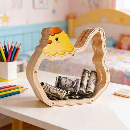Handmade Wooden Chicken Piggy Bank, Kids Coin Box