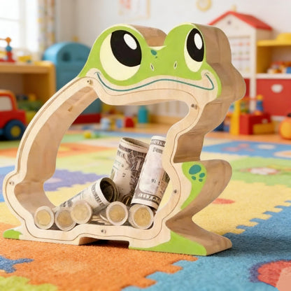 A Child‘s First Piggy Bank, Wooden Frog Money Box - Handmade Jump Into Savings, Fun & Whimsical Coin Bank Gift for Boys and Girls