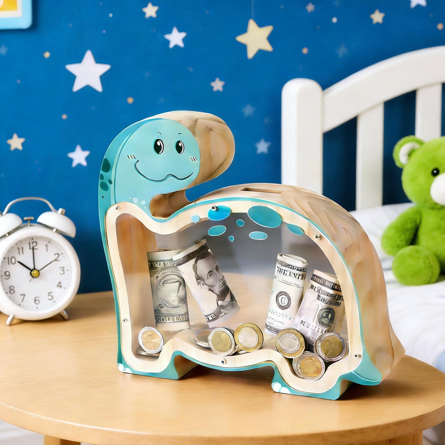 Dinosaur Wooden Piggy Bank, A Prehistoric Savings Adventure - Handmade First Money Box for Kids, Unique Dino Gift for Boys & Girls