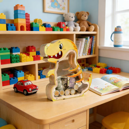 A Child's First Piggy Bank, Handmade Wooden Dinosaur Money Box - Fiercely Friendly Coin Bank, Unique Keepsake Gift for Kids
