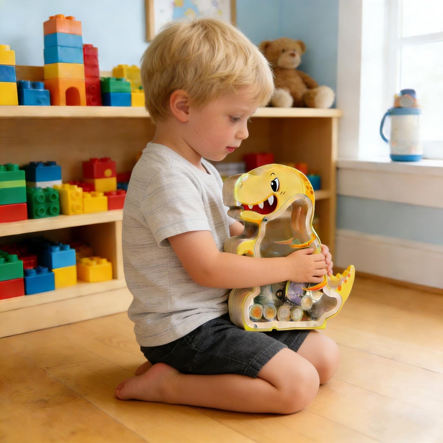 A Child's First Piggy Bank, Handmade Wooden Dinosaur Money Box - Fiercely Friendly Coin Bank, Unique Keepsake Gift for Kids