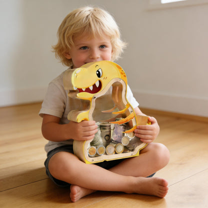 A Child's First Piggy Bank, Handmade Wooden Dinosaur Money Box - Fiercely Friendly Coin Bank, Unique Keepsake Gift for Kids