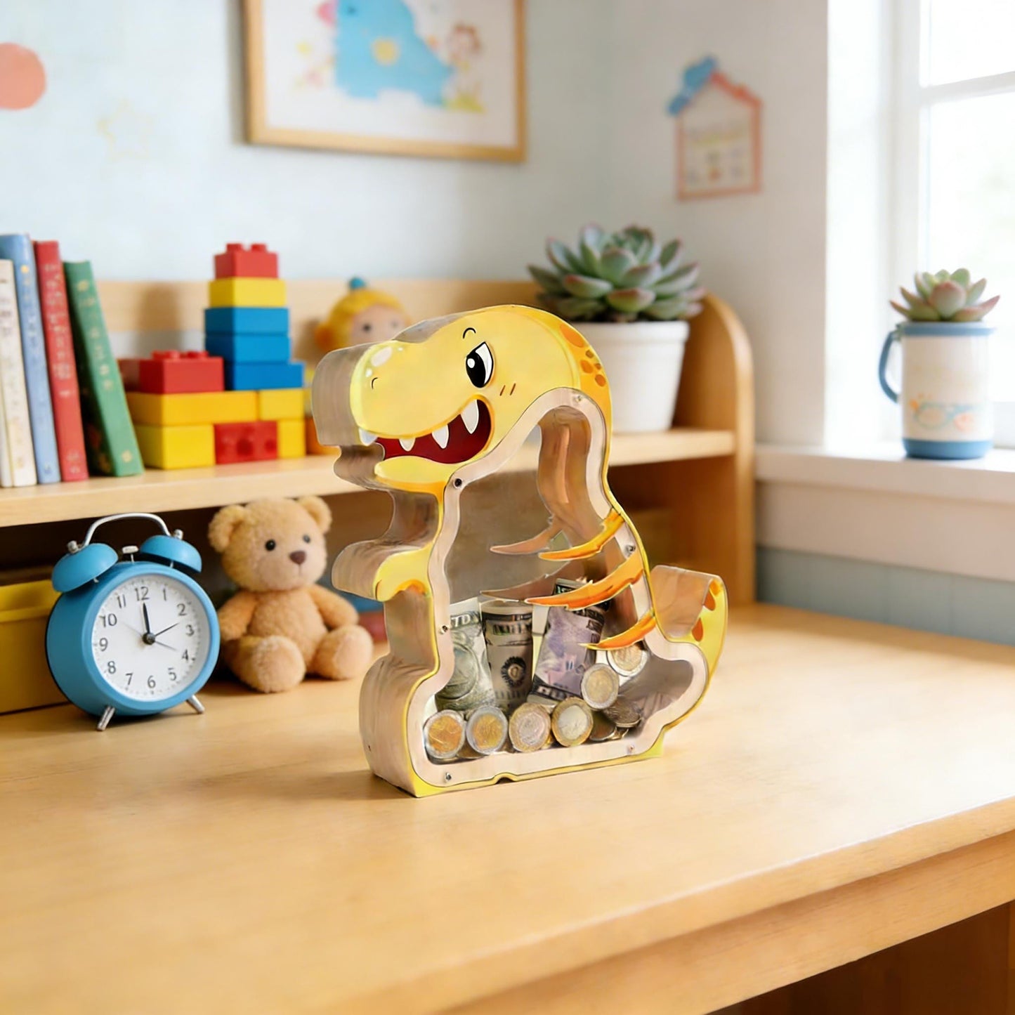 A Child's First Piggy Bank, Handmade Wooden Dinosaur Money Box - Fiercely Friendly Coin Bank, Unique Keepsake Gift for Kids
