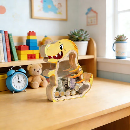 A Child's First Piggy Bank, Handmade Wooden Dinosaur Money Box - Fiercely Friendly Coin Bank, Unique Keepsake Gift for Kids