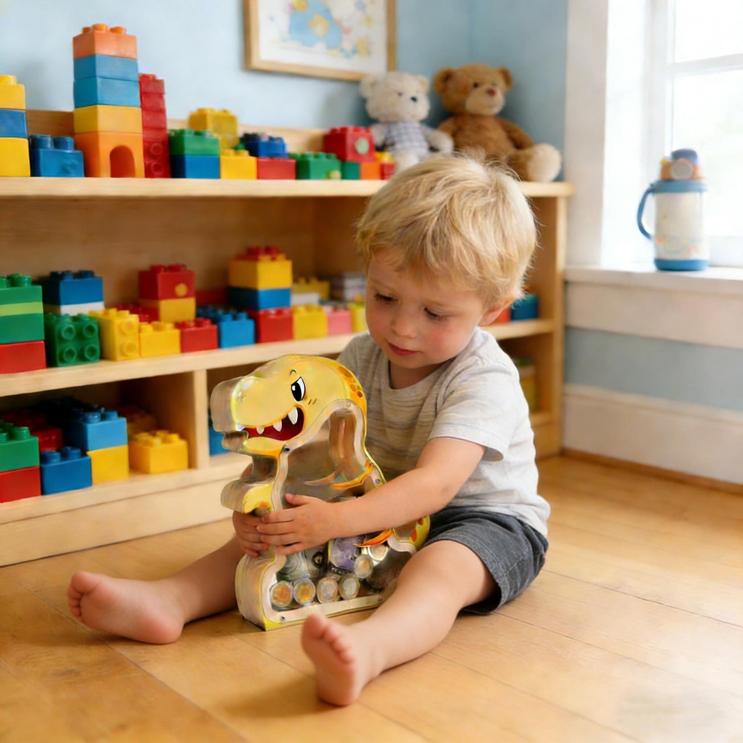 A Child's First Piggy Bank, Handmade Wooden Dinosaur Money Box - Fiercely Friendly Coin Bank, Unique Keepsake Gift for Kids