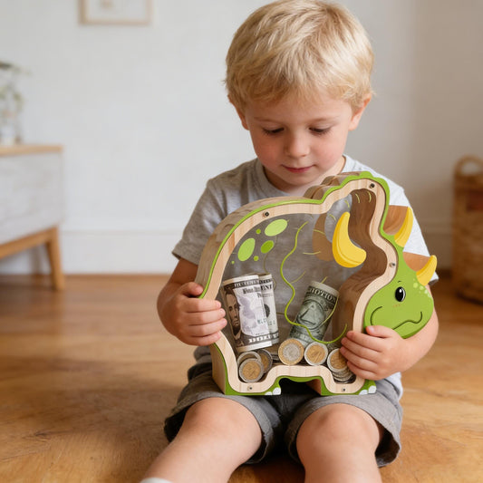 Handmade Triceratops Wooden Piggy Bank, Dinosaur Money Box