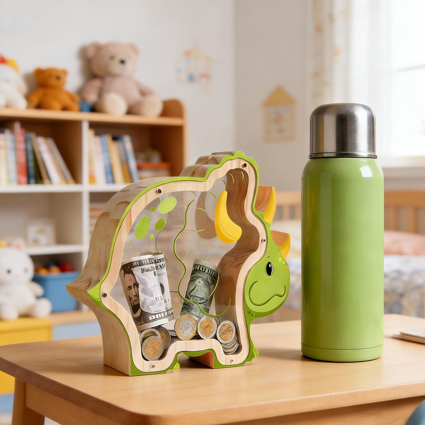 Handmade Triceratops Wooden Piggy Bank, Dinosaur Money Box