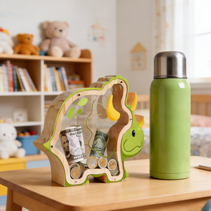 Handmade Triceratops Wooden Piggy Bank, Dinosaur Money Box