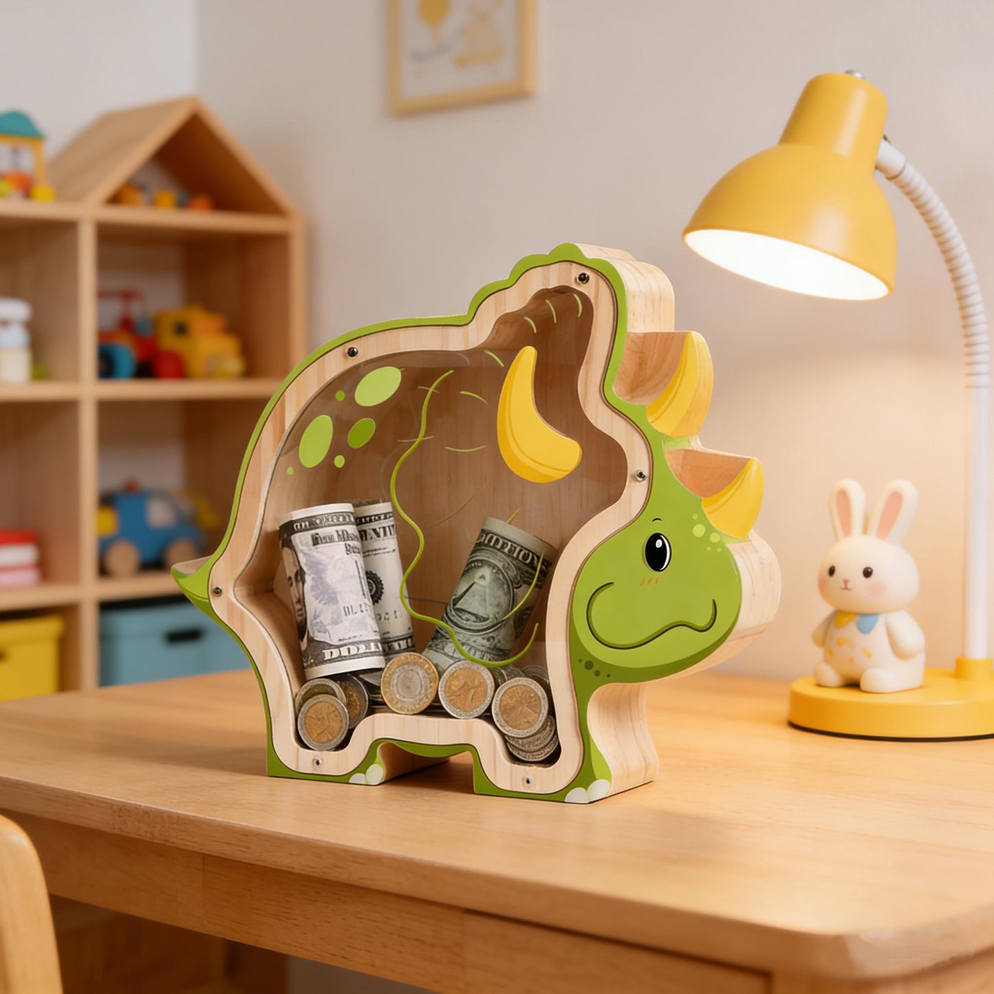 Handmade Triceratops Wooden Piggy Bank, Dinosaur Money Box